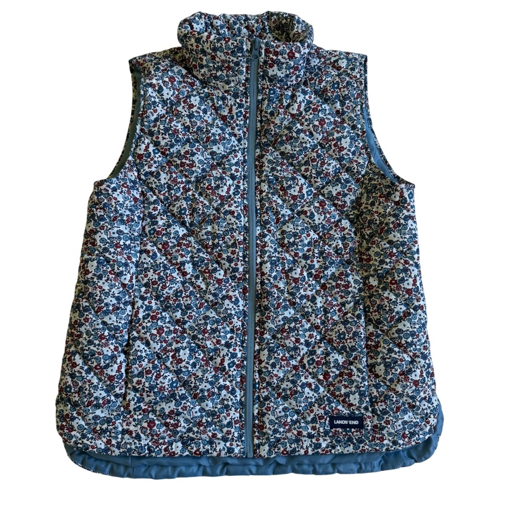 Lands End Womens Quilted Puffer Vest Floral Blue Red Full Zip Size Small